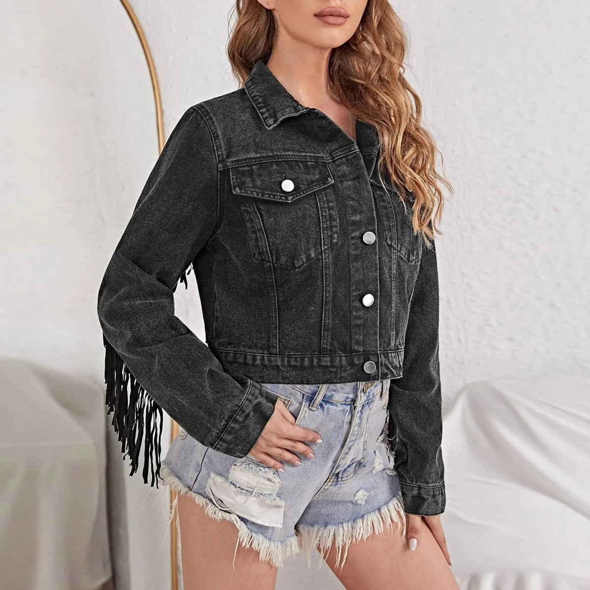 Fringe Sleeve Button Front Lapel Collar Cropped Denim Jacket 4