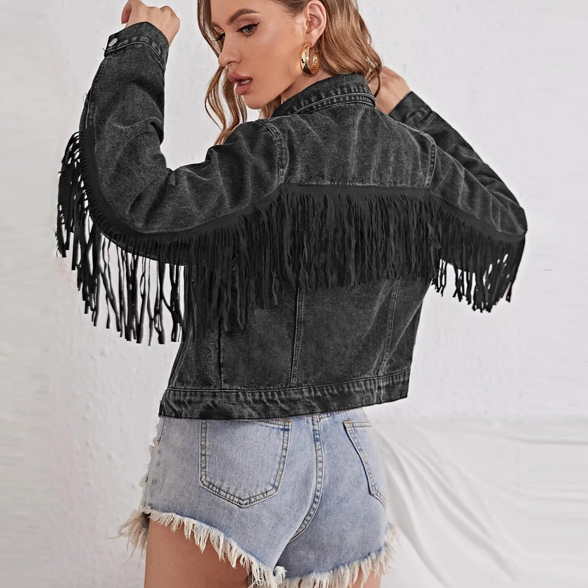 Fringe Sleeve Button Front Lapel Collar Cropped Denim Jacket 3
