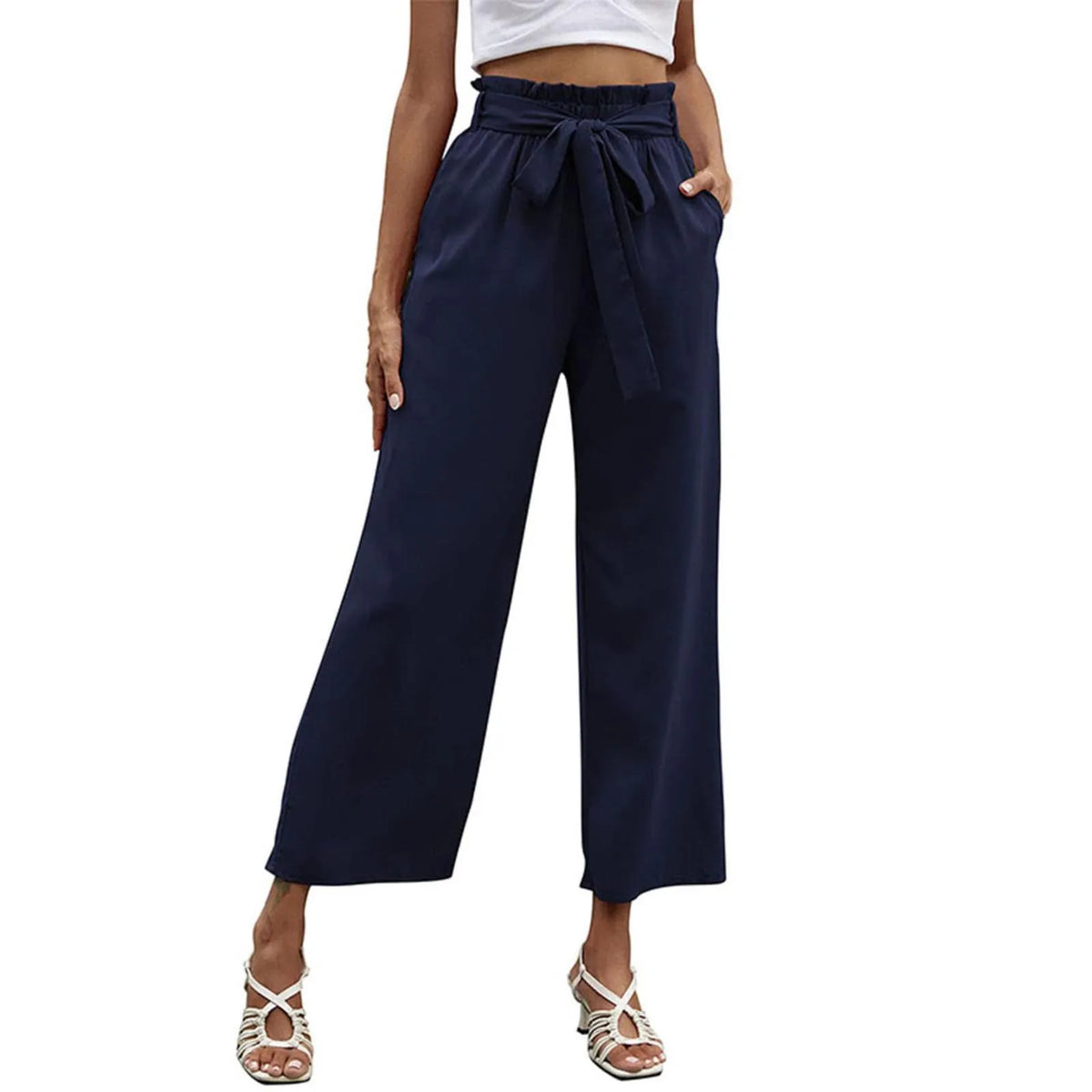 Paperbag High Waist Bow Tie Belted Cropped Wide Leg Pants 10
