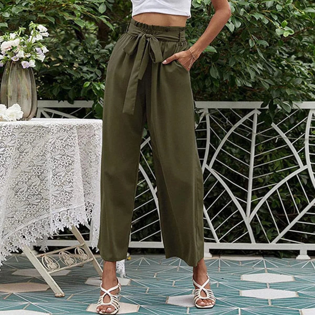 Paperbag High Waist Bow Tie Belted Cropped Wide Leg Pants 2