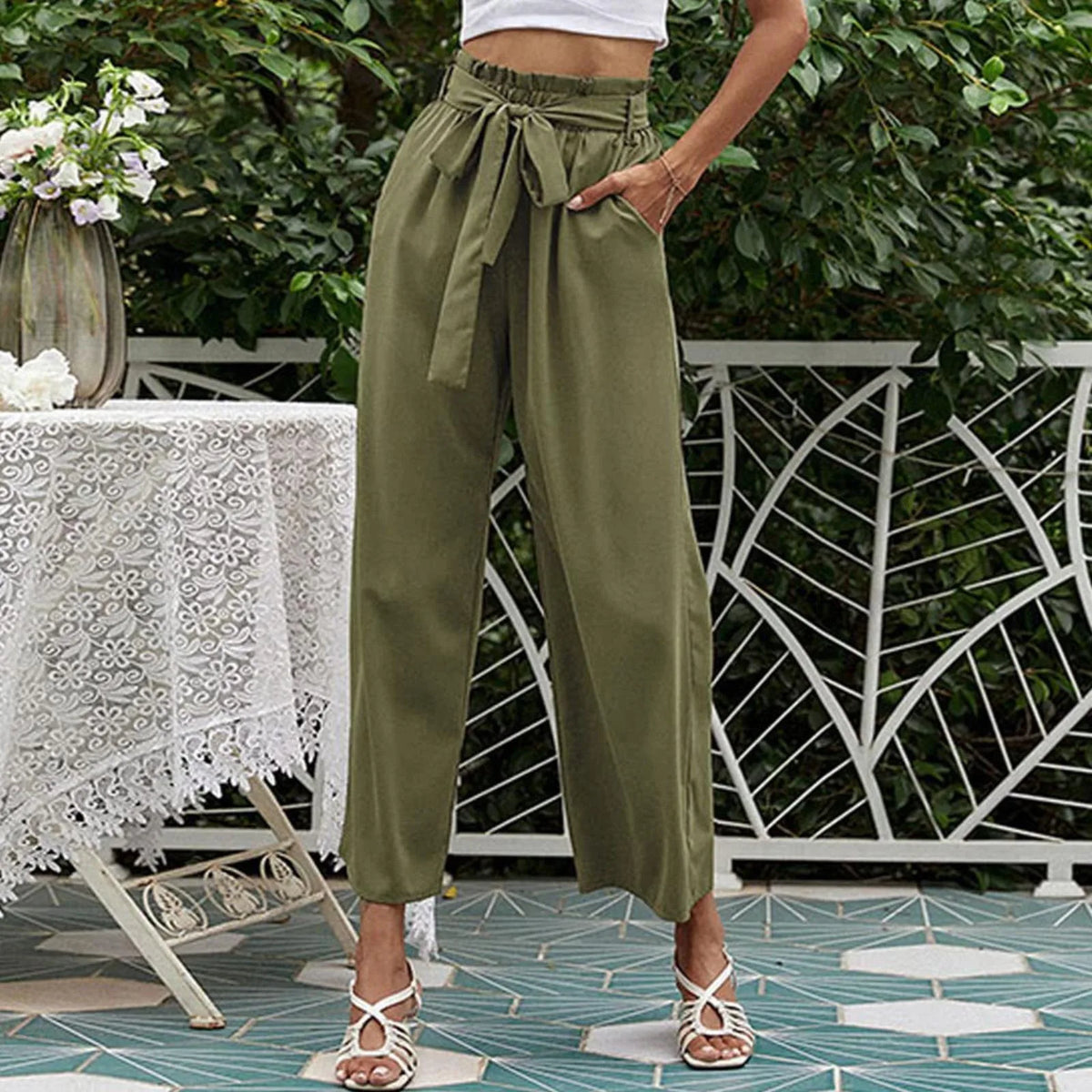 Paperbag High Waist Bow Tie Belted Cropped Wide Leg Pants 4