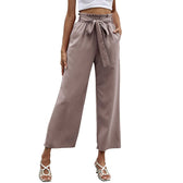 Bow Waistband Pleated Cotton Linen Pants Purple / S