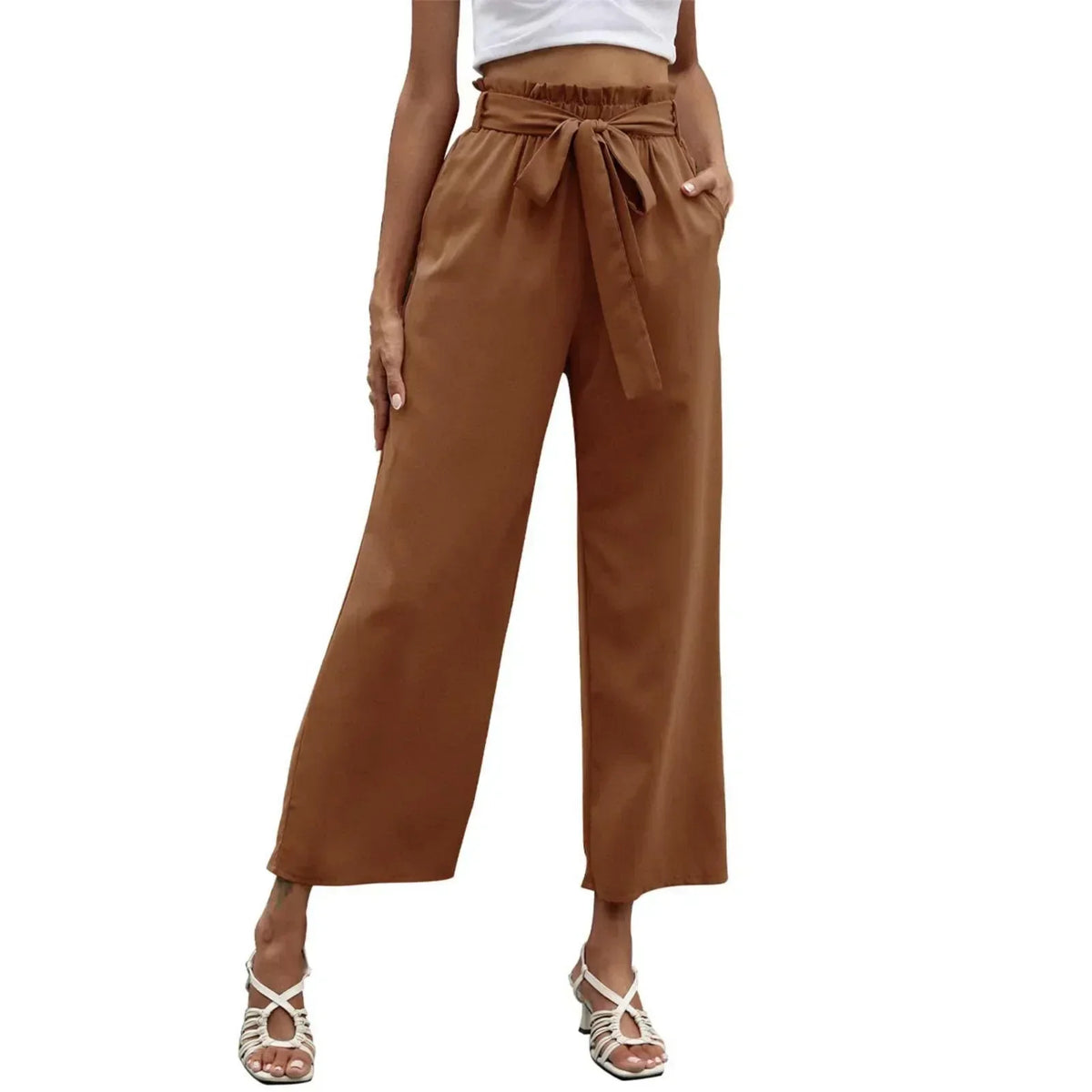 Paperbag High Waist Bow Tie Belted Cropped Wide Leg Pants 9