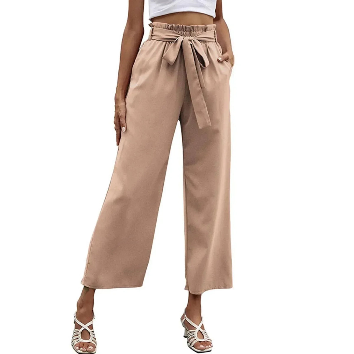 Paperbag High Waist Bow Tie Belted Cropped Wide Leg Pants 6