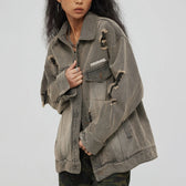 Distressed Denim With Collar Vintage Large Pockets Chic Stylish Elegant Fashionable Versatile Oversized Street Winter Jacket