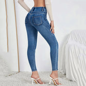 Leg Stretchy High Waisted Buttoned Denim Jeans