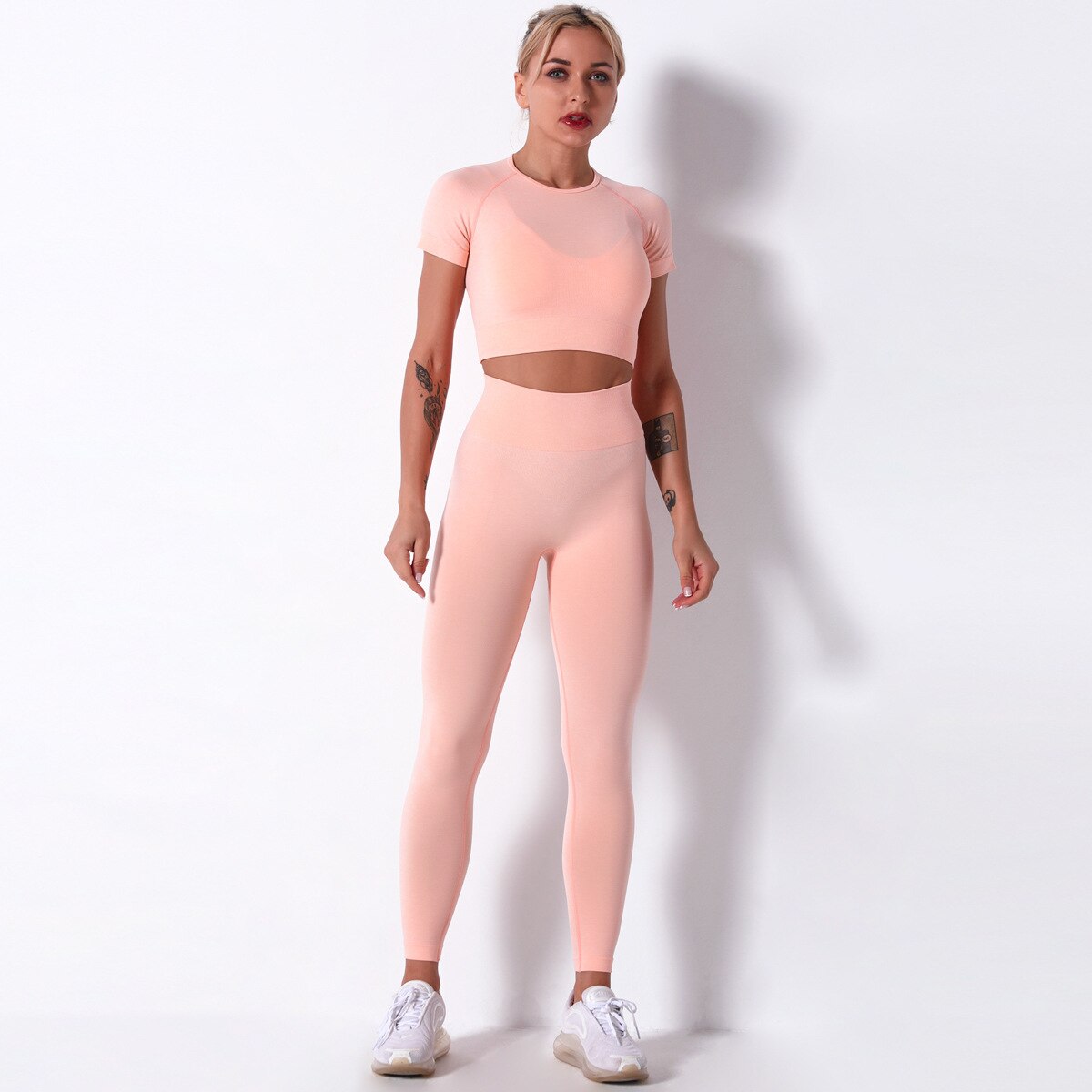 Seamless Short Sleeve Crop Top and High Waist Leggings Two Piece Set
