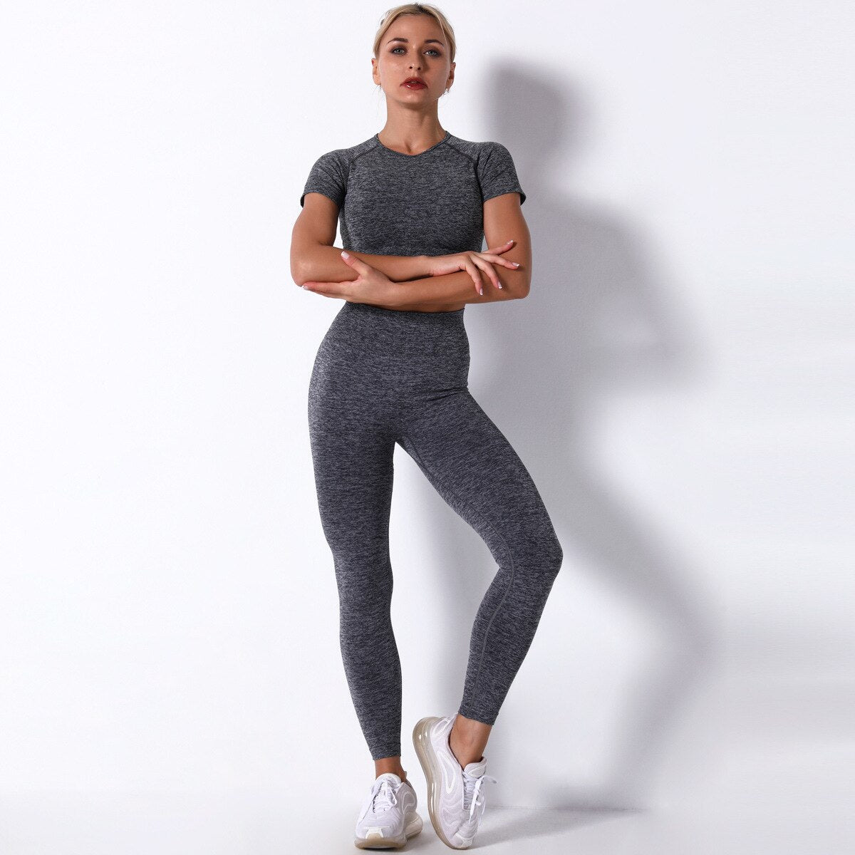 Seamless Short Sleeve Crop Top and High Waist Leggings Two Piece Set 2