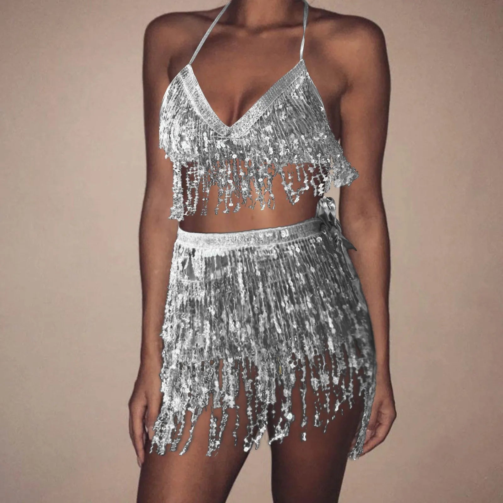 Sparkling Sequin Belly Costume Tassel Wrap Mini Skirt Club And Vest Set Club Party Shiny Dance Costume TwoPiece Women Clothing Dress