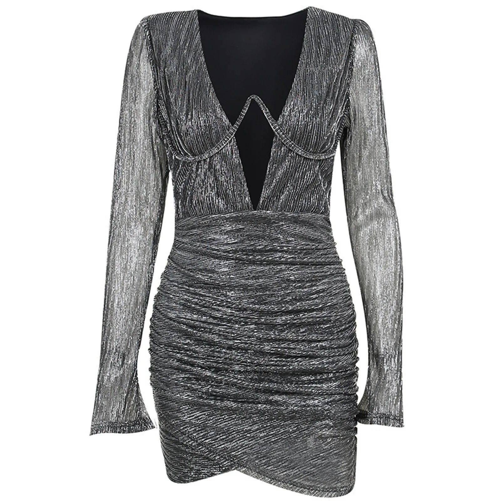 Deep V Neck Tempting Wrap Hip Solid Color Long Sleeve Bodycon Pleated Slim Mini Evening Dress