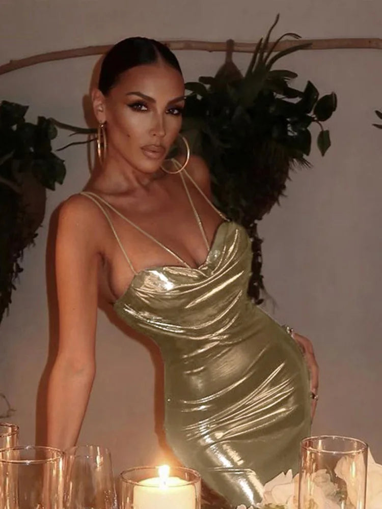 Graceful Gold Spaghetti Strap Backless Maxi Dress
