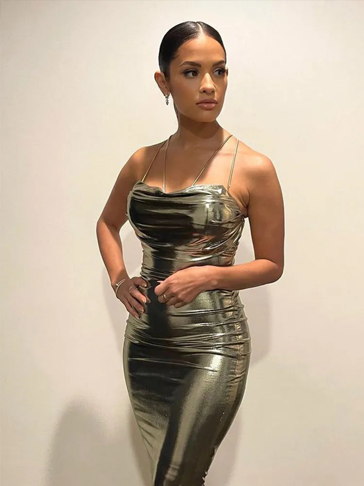 Graceful Gold Spaghetti Strap Backless Maxi Dress