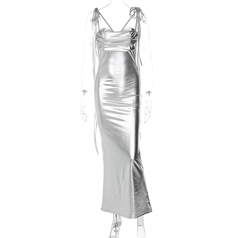 Graceful Gold Spaghetti Strap Backless Maxi Dress
