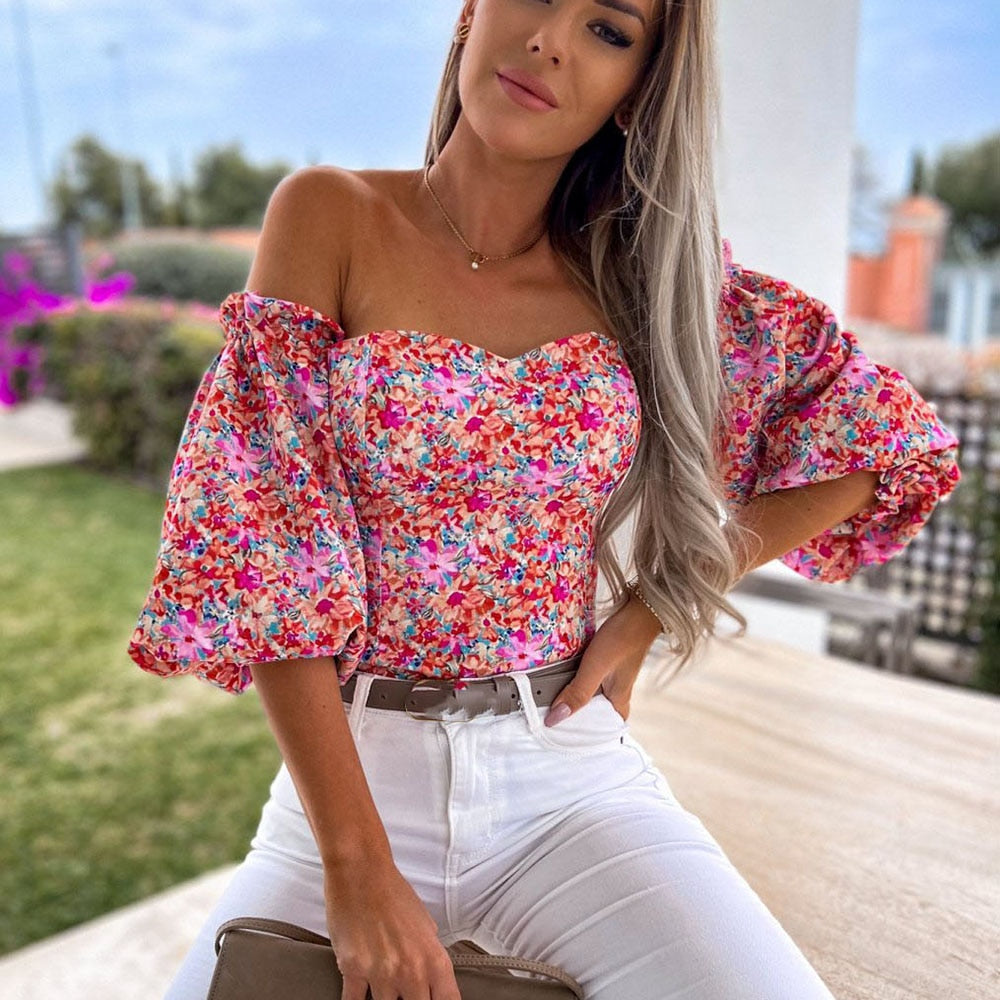 Women Top Summer Off Shoulder Floral Blouses Holiday Slash Neck Tops