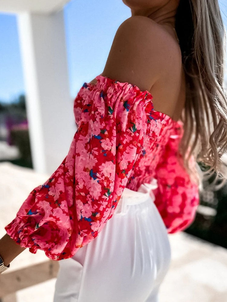 Women Top Summer Off Shoulder Floral Blouses Holiday Slash Neck Tops