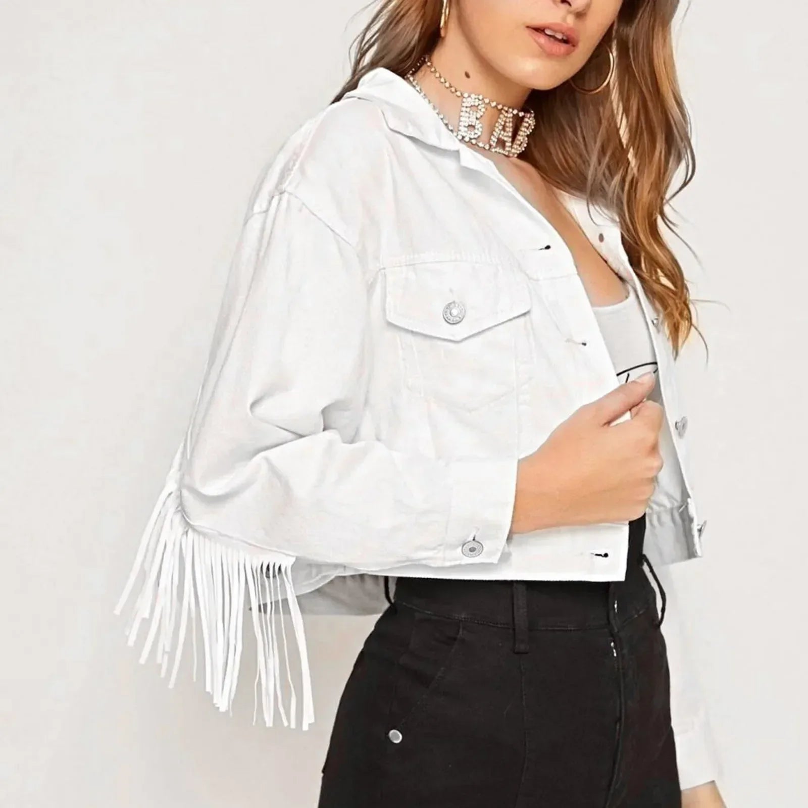 Fringe Denim Lapel Collar Denim Jacket