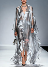 Women Silvery Oversized Draping Chiffon Maxi Dresses Summer