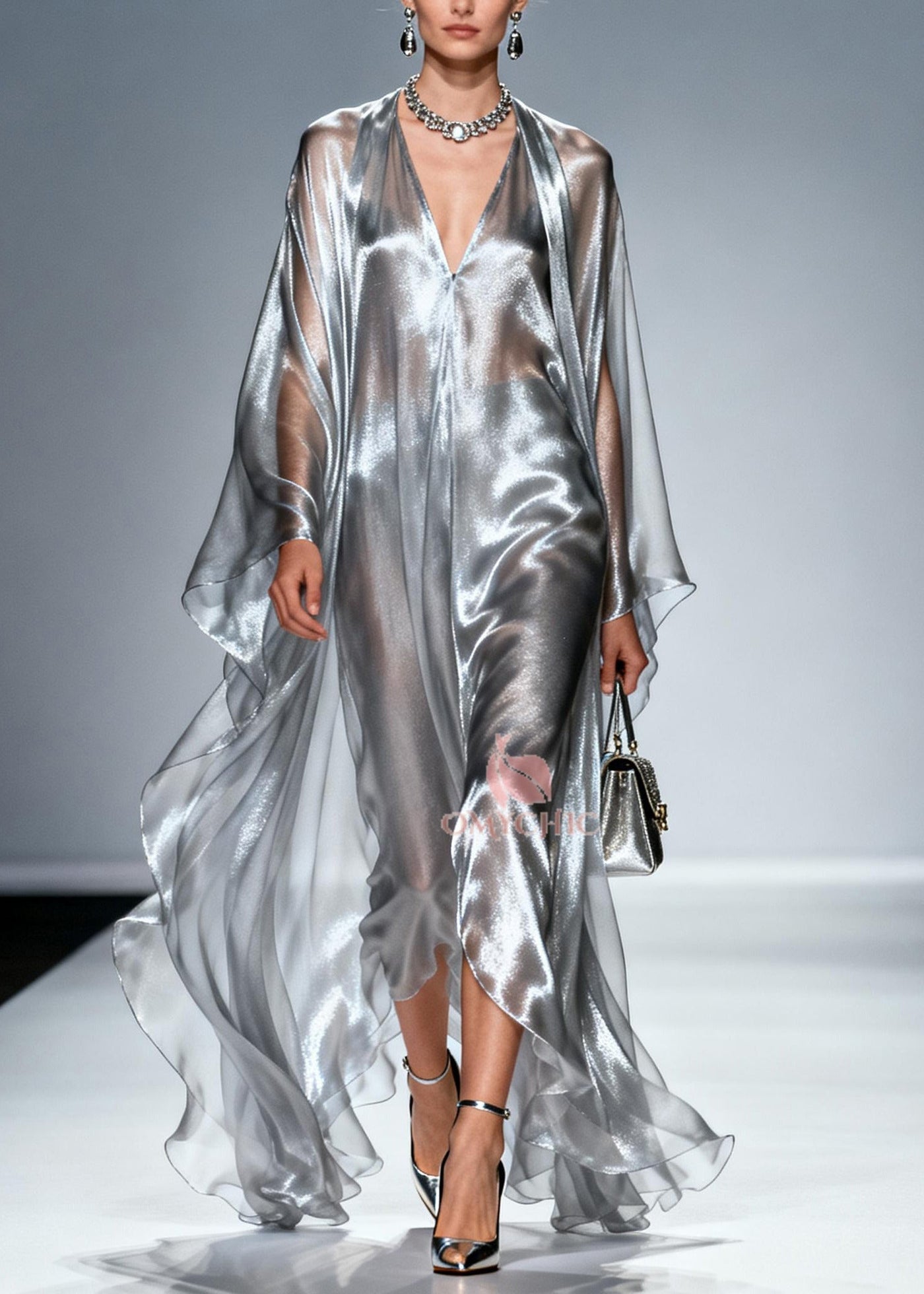 Women Silvery Oversized Draping Chiffon Maxi Dresses Summer 3