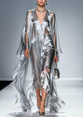 Women Silvery Oversized Draping Chiffon Maxi Dresses Summer 3