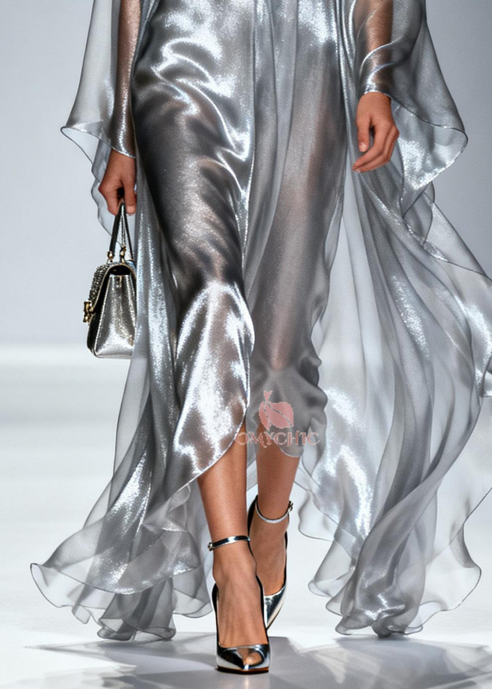 Women Silvery Oversized Draping Chiffon Maxi Dresses Summer 4