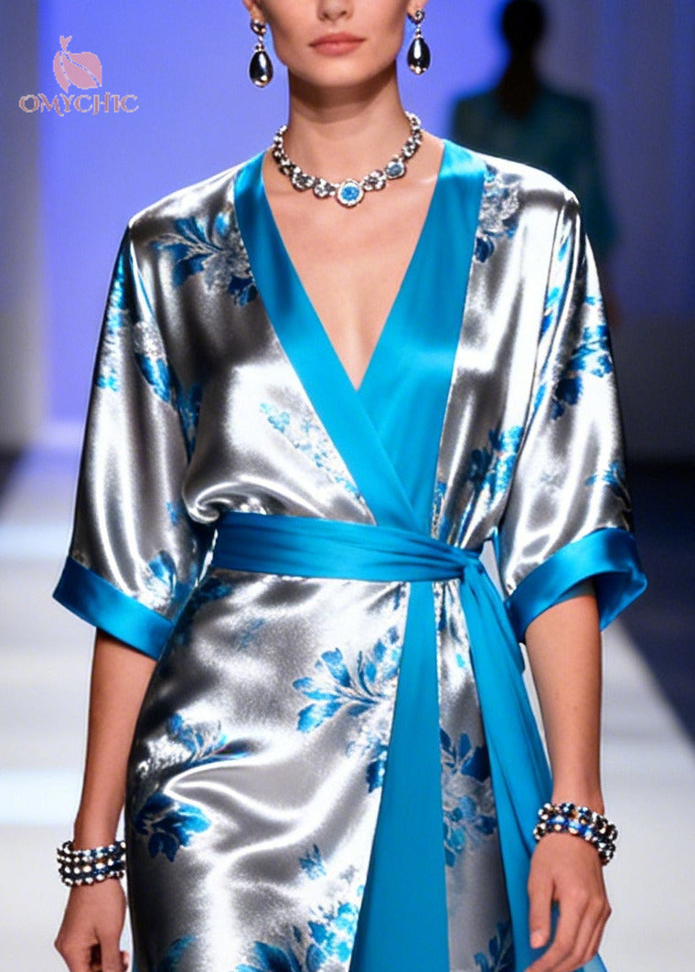 Floral Print Wrap V-Neck Kimono Sleeve Sash Waist High Split Sheer Overlay Gown