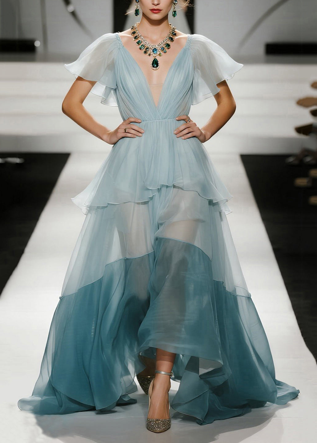 Organza Deep V-Neck Mesh Insert Flutter Sleeve Tiered Ruffle Maxi Gown