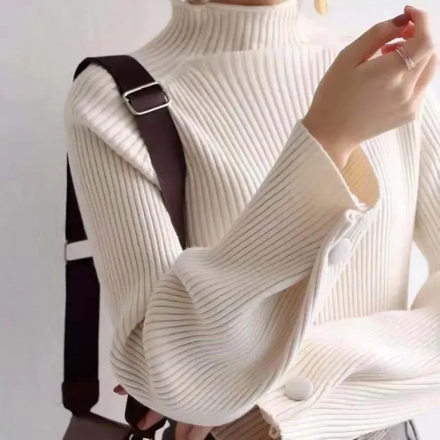 Mock Neck Long Sleeve Button Cuff Ribbed Knit Sweater