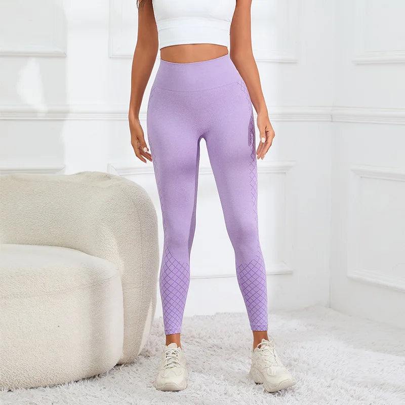 High Waist Seamless Diamond Lattice Knit Yoga Leggings 2