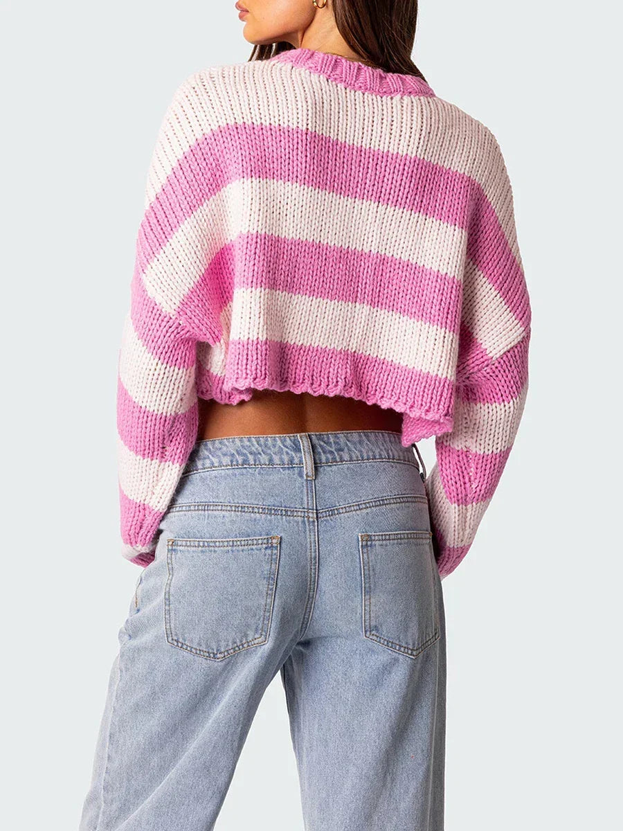 Crew Neck Long Sleeve Striped Chunky Knit Cropped Sweater 6