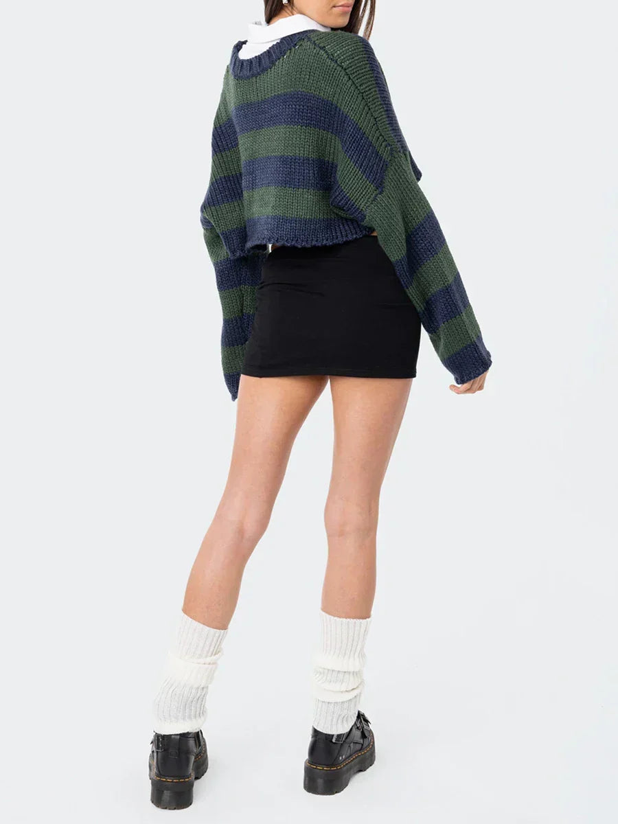 Crew Neck Long Sleeve Striped Chunky Knit Cropped Sweater 2