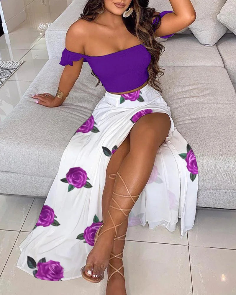 Summer Floral Print Graceful Off Shoulder Split Long Maxi Skirt