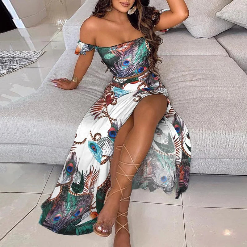 Summer Floral Print Graceful Off Shoulder Split Long Maxi Skirt