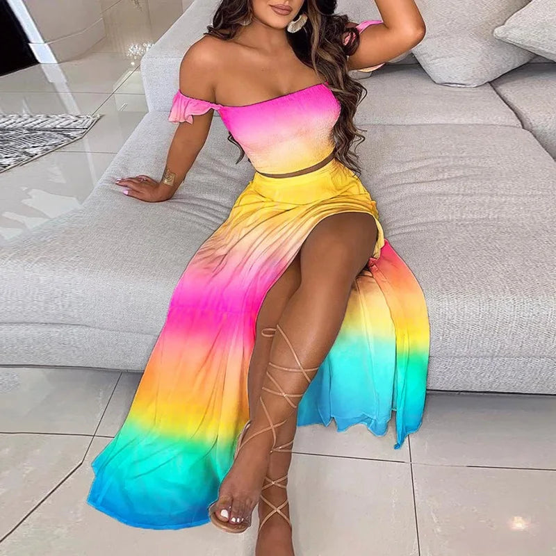 Summer Floral Print Graceful Off Shoulder Split Long Maxi Skirt