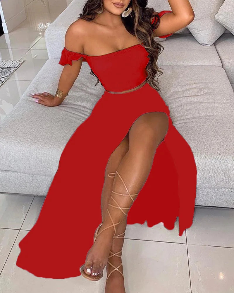 Summer Floral Print Graceful Off Shoulder Split Long Maxi Skirt