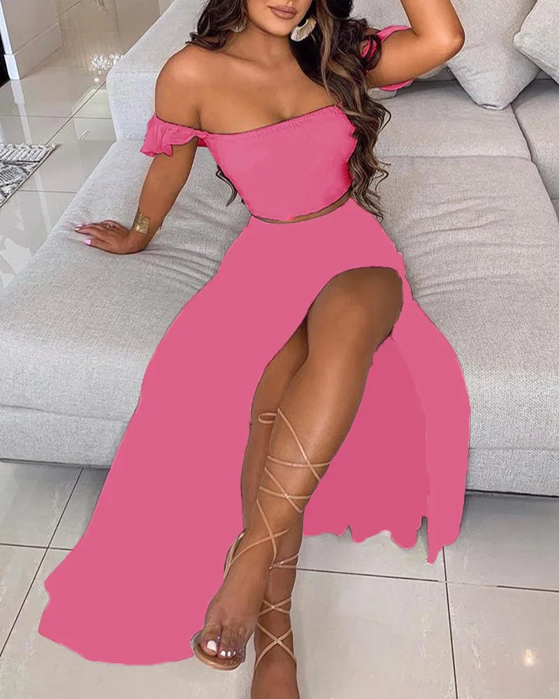 Summer Floral Print Graceful Off Shoulder Split Long Maxi Skirt