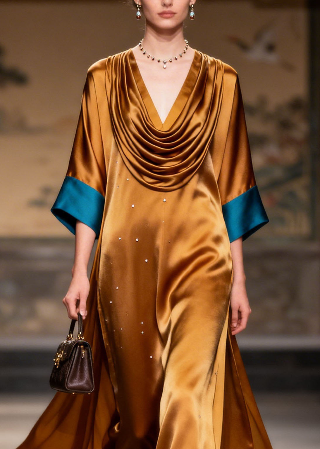 Satin Rhinestone Cowl Neck Contrast Cuff Wide Sleeve High Split Kaftan Maxi Gown