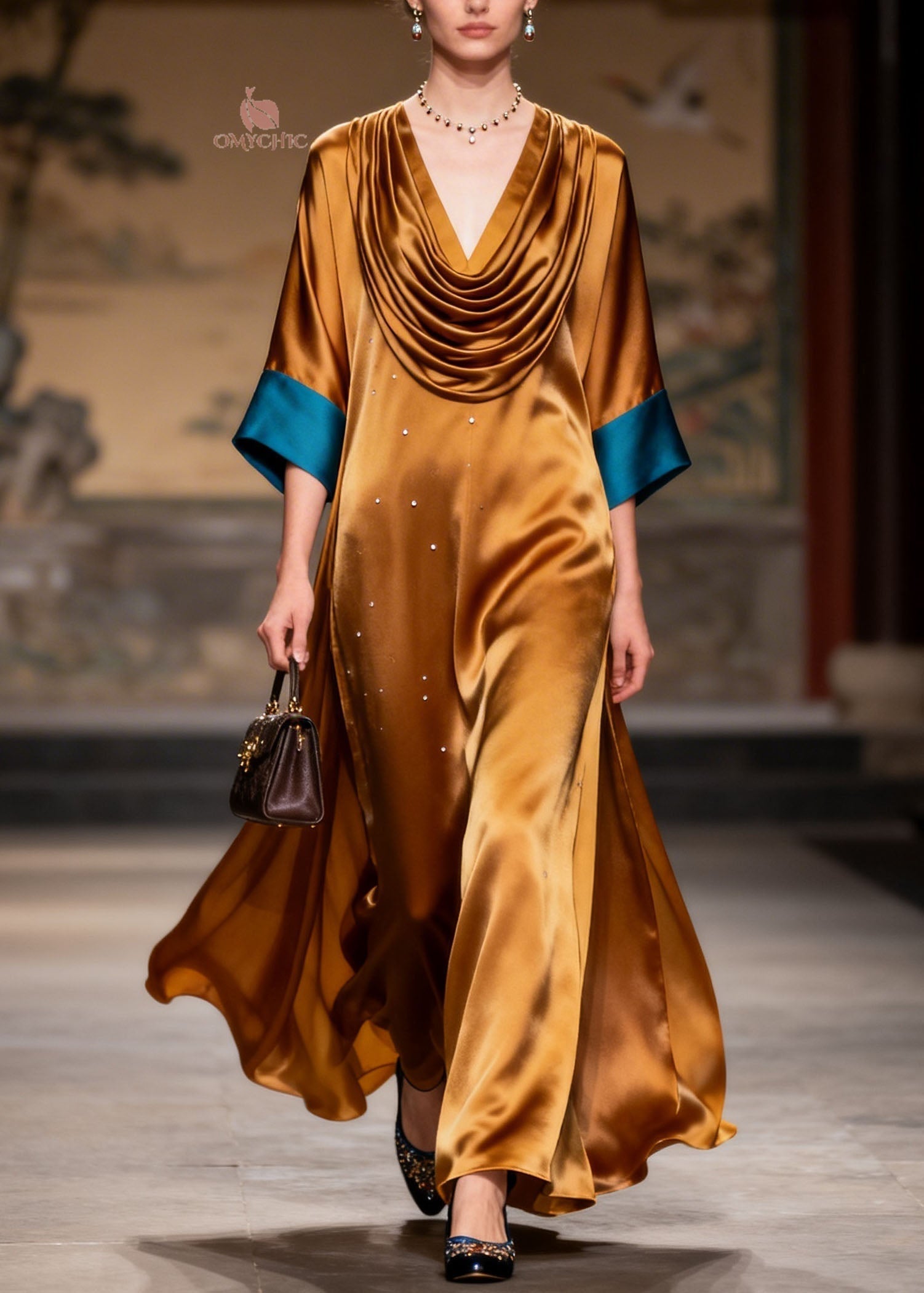 Satin Rhinestone Cowl Neck Contrast Cuff Wide Sleeve High Split Kaftan Maxi Gown