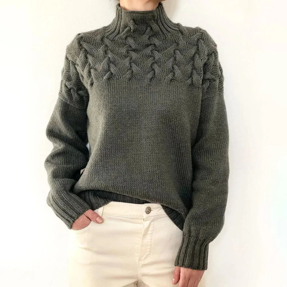 Mock Neck Braided Cable Yoke Long Sleeve Knit Sweater 2