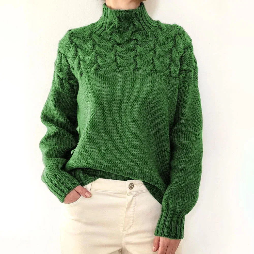 Mock Neck Braided Cable Yoke Long Sleeve Knit Sweater 8