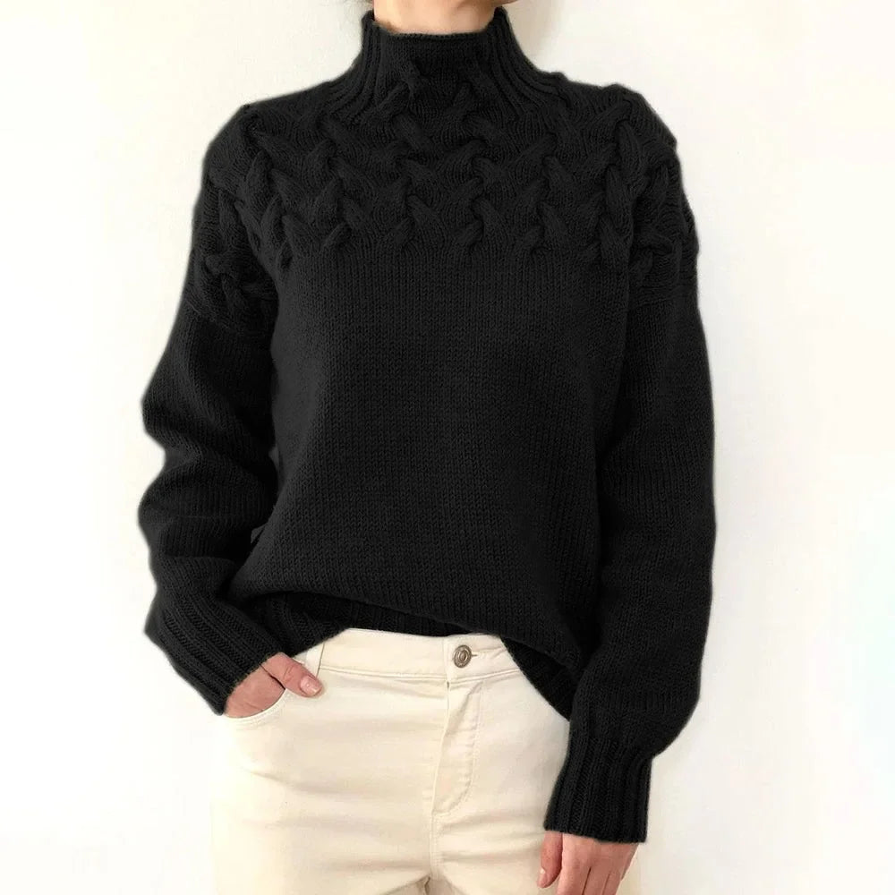 Mock Neck Braided Cable Yoke Long Sleeve Knit Sweater 9