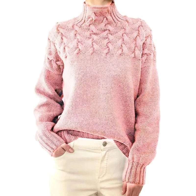 Mock Neck Braided Cable Yoke Long Sleeve Knit Sweater 4