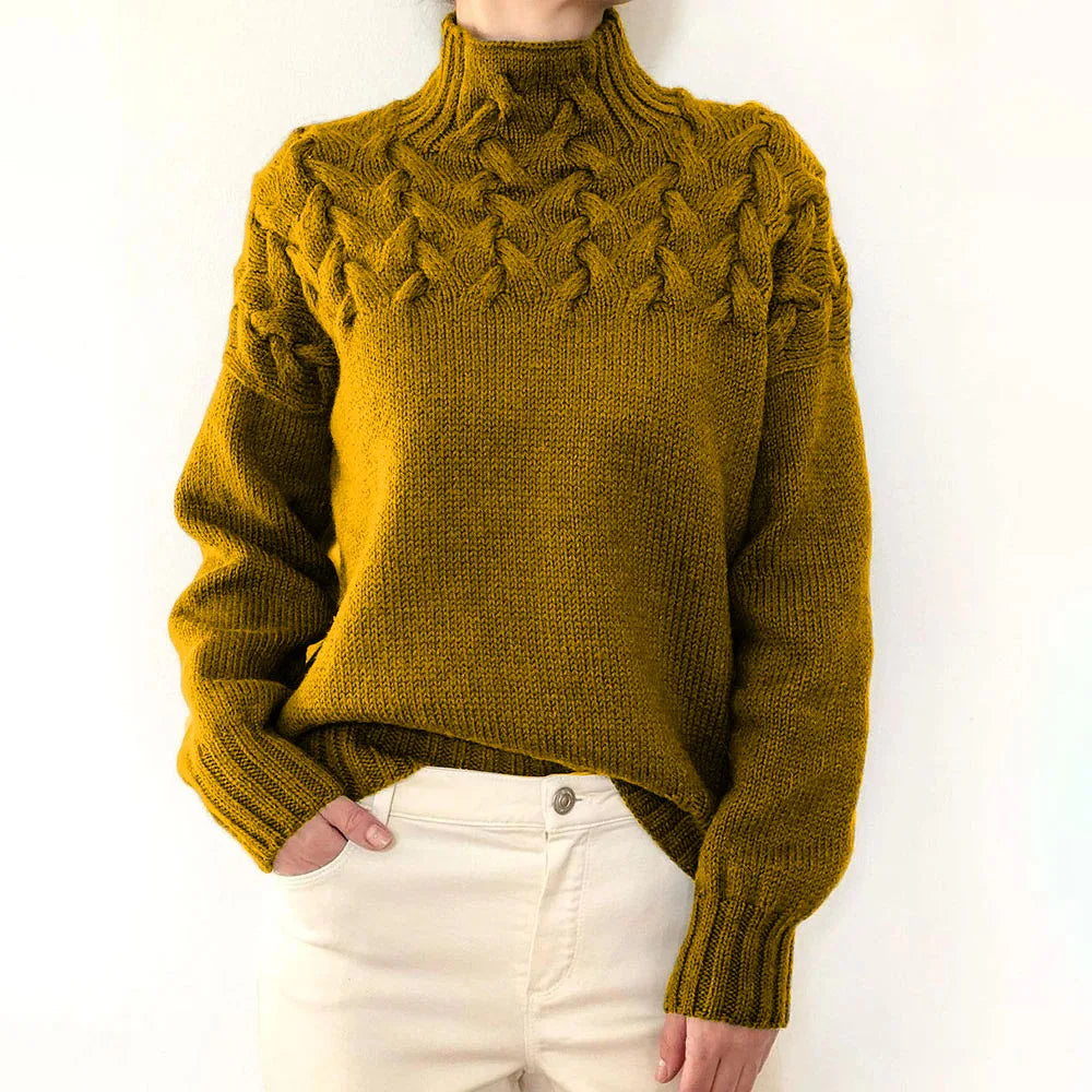 Mock Neck Braided Cable Yoke Long Sleeve Knit Sweater 10