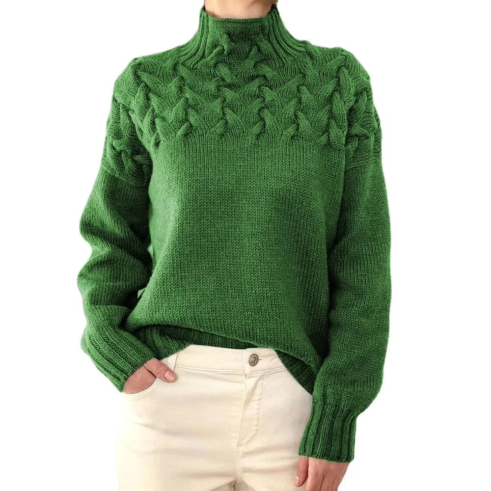 Mock Neck Braided Cable Yoke Long Sleeve Knit Sweater 5