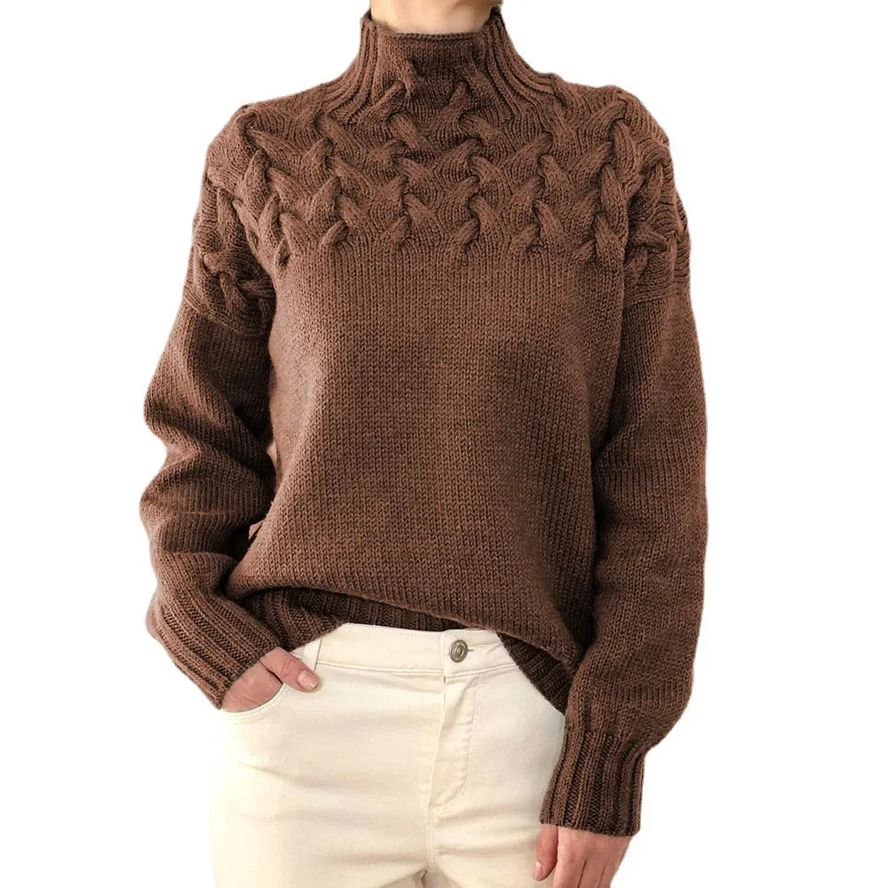 Mock Neck Braided Cable Yoke Long Sleeve Knit Sweater 3