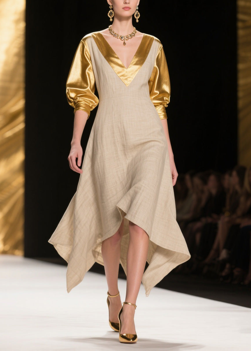 Deep V-Neck Metallic Puff Sleeve Woven A-Line Handkerchief Hem Summer Midi Dress