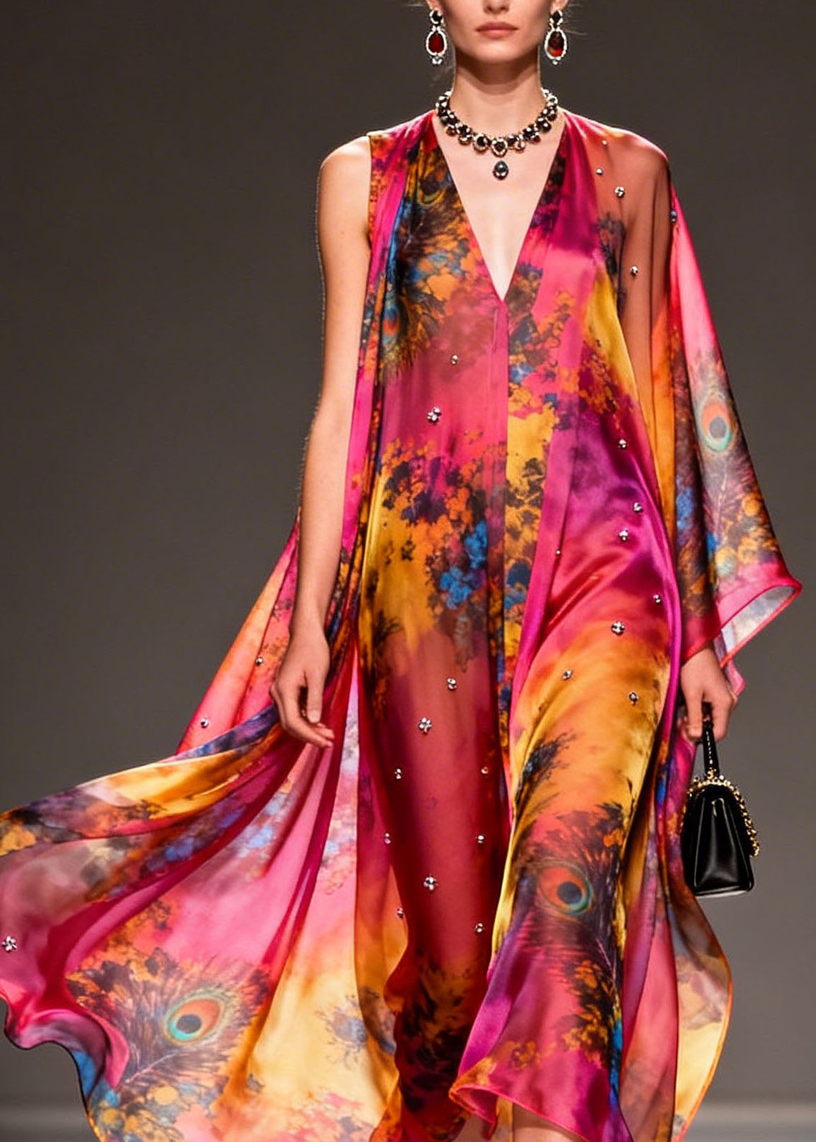 Peacock Print Deep V-Neck Sleeveless Studded Chiffon Cape Maxi Gown