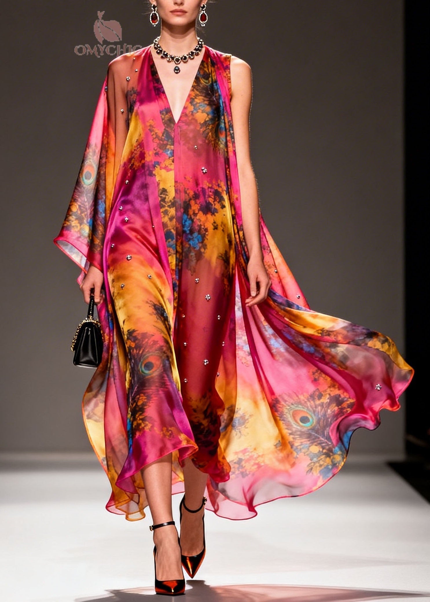 Peacock Print Deep V-Neck Sleeveless Studded Chiffon Cape Maxi Gown