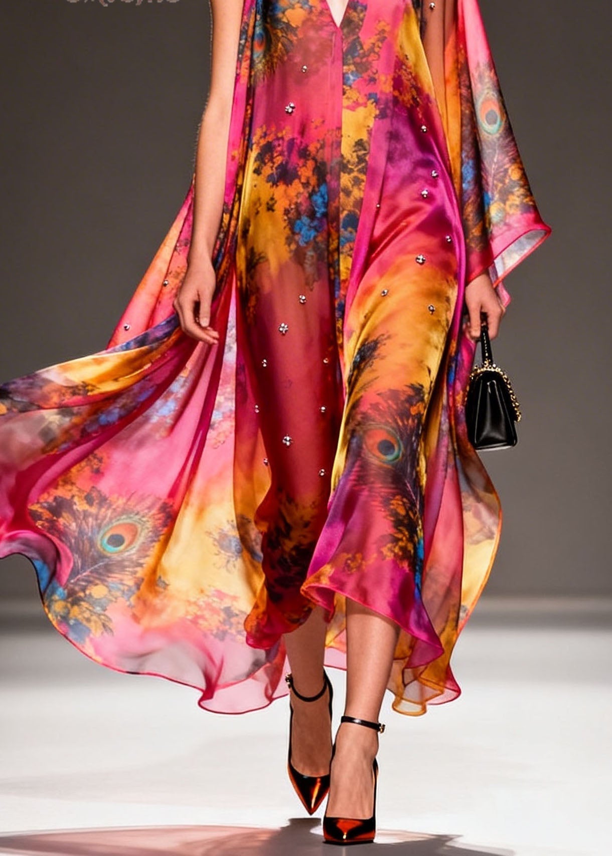 Peacock Print Deep V-Neck Sleeveless Studded Chiffon Cape Maxi Gown