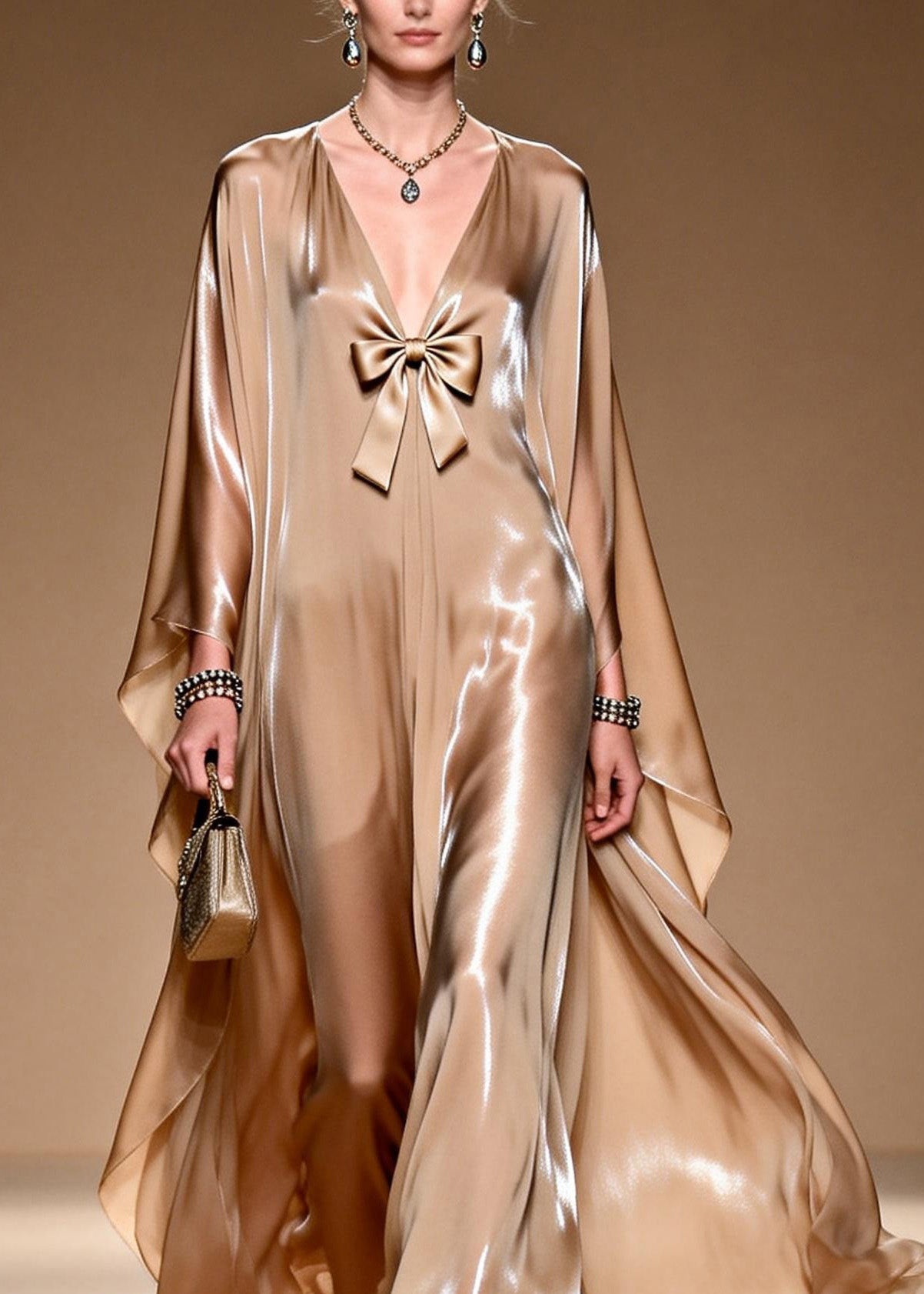 Satin Deep V-Neck Bow Trim Cape Sleeve Kaftan Maxi Gown