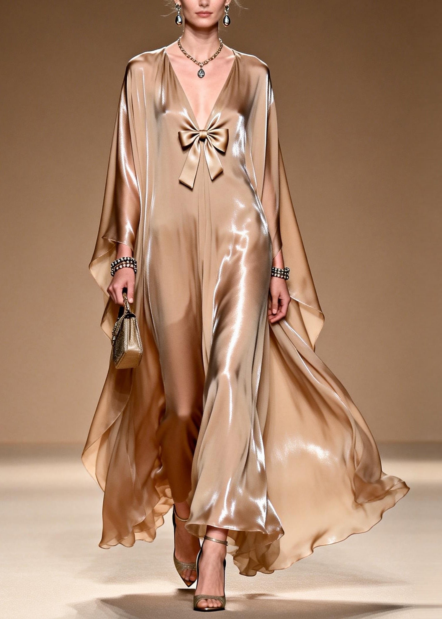 Satin Deep V-Neck Bow Trim Cape Sleeve Kaftan Maxi Gown